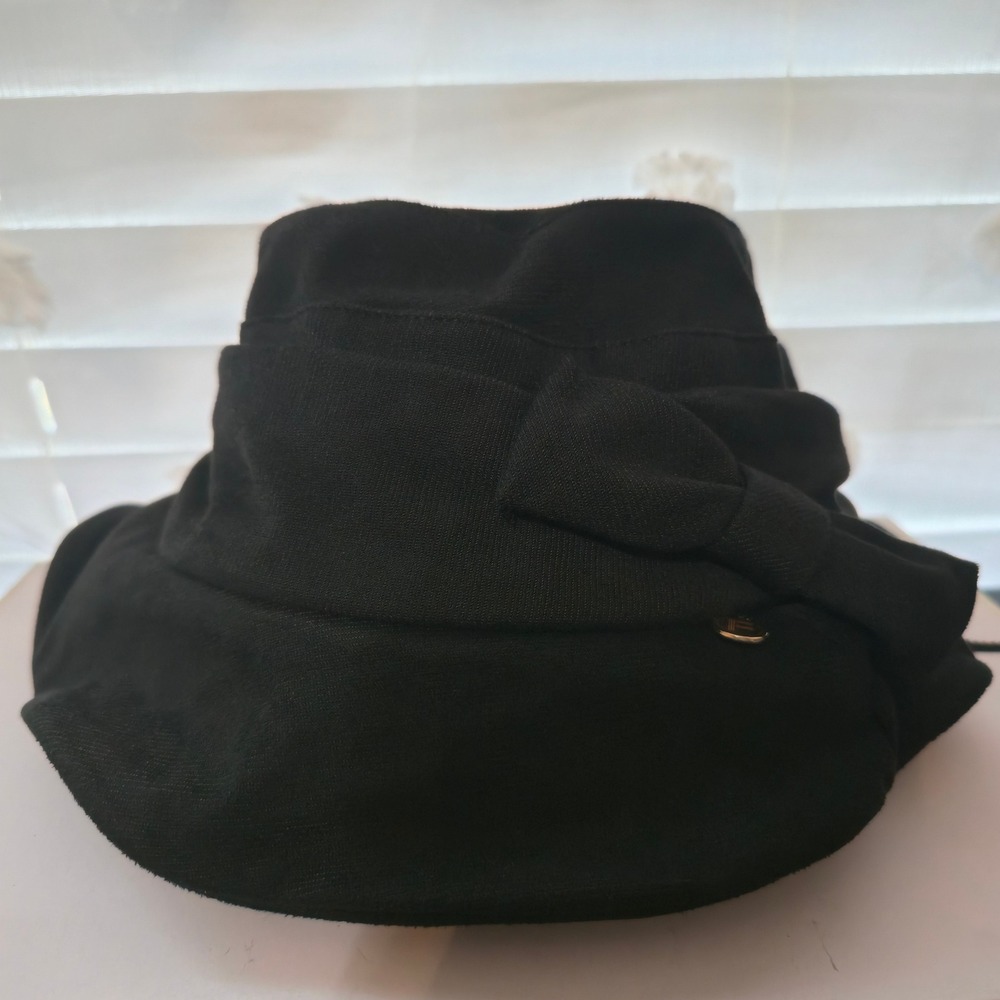 Black Cloche Bucket Hat with Side Bow Gold Logo Charm Adjustable Fit Size L